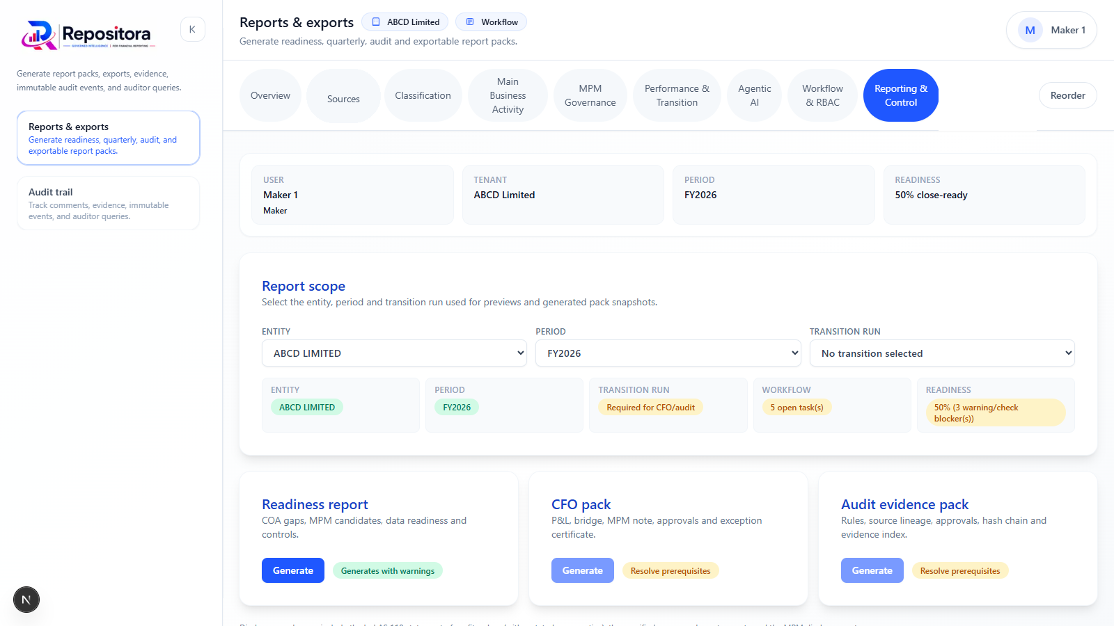 Repositora reporting control and close pack dashboard