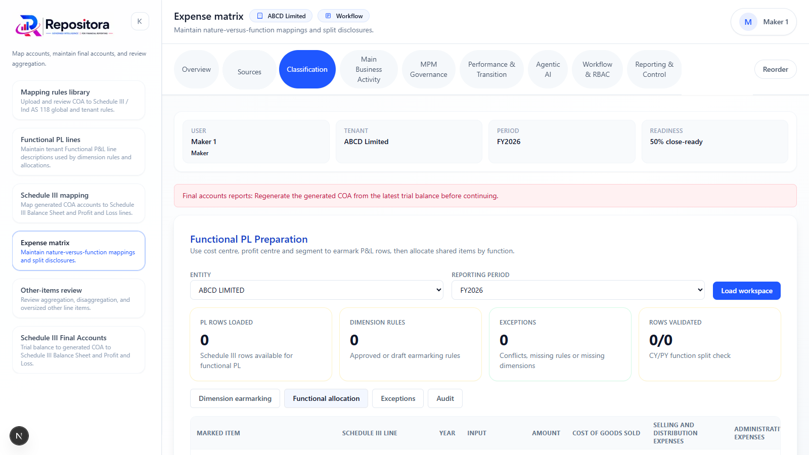 The Expense Matrix: Turning Cost Centre Data Into Functional P&L application screenshot